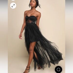 Lulus Forever Flawless Black Sheer Lace Strapless Bustier Maxi Dress